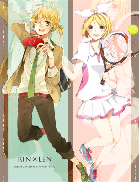Anime picture 1194x1568 with vocaloid kagamine rin kagamine len hiiro (artist) xxxxxymdy tall image blush short hair open mouth blue eyes blonde hair green eyes signed pleated skirt one eye closed wink character names zoom layer twins collaboration