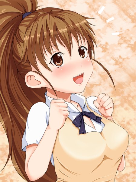 Anime picture 1200x1600 with working!! a-1 pictures taneshima popura tachibana omina single long hair tall image blush open mouth brown hair brown eyes ponytail waitress girl