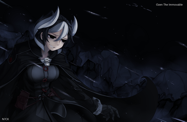 Anime picture 3200x2086 with made in abyss kinema citrus ozen nquestionmarkck single fringe highres short hair breasts black hair smile hair between eyes signed looking away absurdres white hair multicolored hair horn (horns) black eyes night