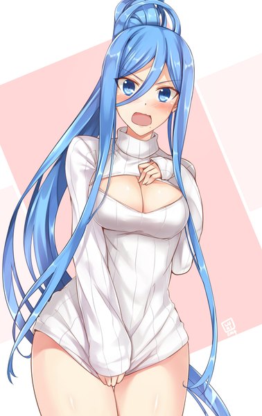 Anime picture 1200x1900 with aoki hagane no arpeggio takao (aoki hagane no arpeggio) luzi (coffee-straw-luzi) single long hair tall image looking at viewer blush fringe breasts open mouth blue eyes light erotic simple background hair between eyes large breasts white background blue hair cleavage ponytail
