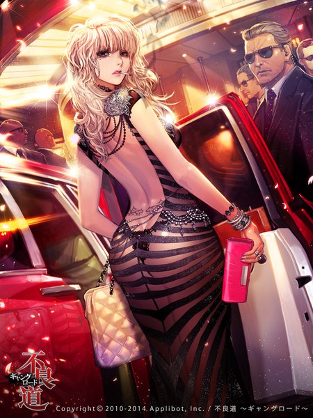 Anime picture 1600x2133 with furyou michi ~gang road~ xaxak long hair tall image looking at viewer fringe open mouth light erotic blonde hair ass looking back lips black eyes inscription multiple boys teeth tattoo turning head light smoke