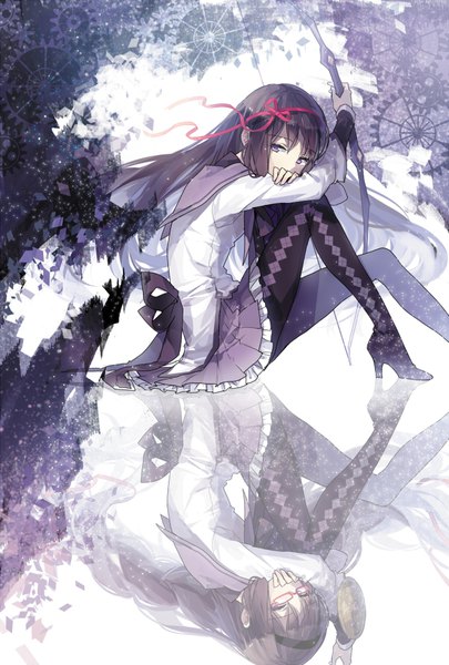 Anime picture 600x888 with mahou shoujo madoka magica shaft (studio) akemi homura rella single long hair tall image looking at viewer fringe black hair hair between eyes sitting purple eyes holding full body bent knee (knees) pleated skirt reflection frilly skirt girl
