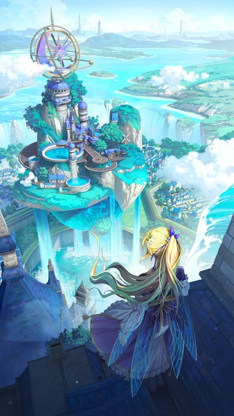 Anime picture 1408x2500 with original kuroha (pixiv91542816) single long hair tall image blonde hair standing cloud (clouds) outdoors from above wind from behind city side ponytail cityscape girl wings water