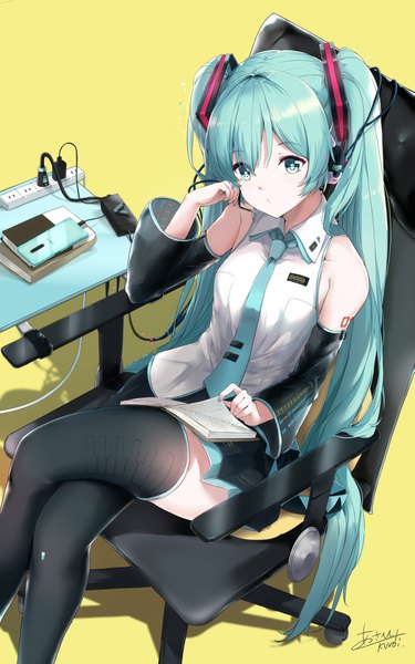 Anime picture 1275x2039 with vocaloid sony hatsune miku asahi kuroi single long hair tall image fringe breasts simple background sitting twintails bare shoulders signed aqua eyes from above aqua hair wide sleeves shadow tattoo