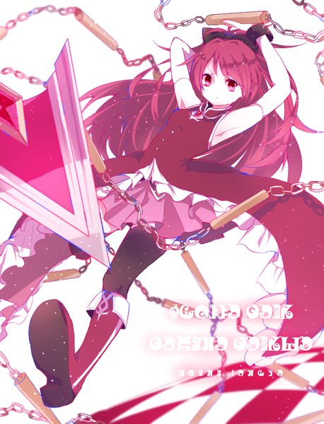 Anime picture 800x1047 with mahou shoujo madoka magica shaft (studio) sakura kyouko nana colors single long hair tall image looking at viewer red eyes red hair armpit (armpits) magical girl girl thighhighs bow black thighhighs hair bow detached sleeves chain knee boots