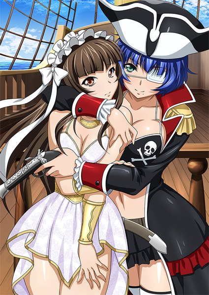 Anime picture 600x847 with ikkitousen ryomou shimei teni long hair tall image short hair breasts blue eyes light erotic black hair multiple girls brown eyes blue hair mole hug mole under mouth girl dress weapon 2 girls