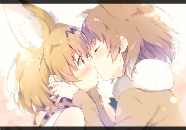 Anime picture 930x653 with kemono friends serval (kemono friends) black-tailed prairie dog (kemono friends) shiratama (shiratamaco) blush short hair blonde hair brown hair multiple girls brown eyes animal ears profile embarrassed fur trim letterboxed shoujo ai kiss girl 2 girls fur