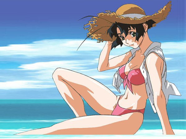 Anime picture 1024x768 with tagme (copyright) tagme (character) looking at viewer short hair black hair sky open clothes open shirt girl navel swimsuit hat bikini shirt sea straw hat
