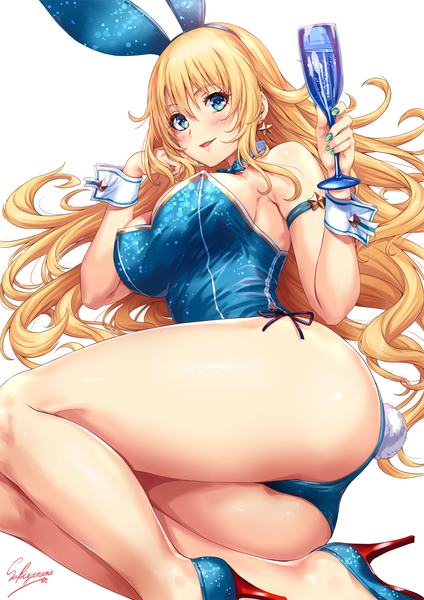 Anime picture 1000x1414 with kantai collection atago heavy cruiser sakiyamama single long hair tall image looking at viewer blush fringe breasts open mouth blue eyes light erotic blonde hair simple background smile hair between eyes large breasts white background holding