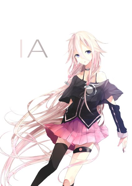 Anime picture 1575x2227 with vocaloid ia (vocaloid) linlin single tall image looking at viewer simple background standing white background purple eyes bare shoulders ahoge bent knee (knees) white hair braid (braids) very long hair pleated skirt inscription character names twin braids