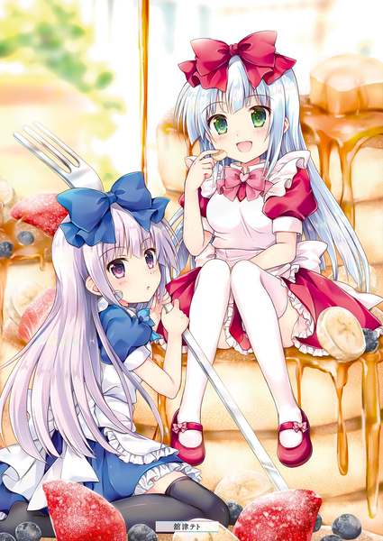Anime picture 1451x2048 with alice or alice airi (alice or alice) rise (alice or alice) tachitsu teto long hair tall image looking at viewer blush fringe open mouth light erotic smile sitting purple eyes multiple girls holding green eyes signed full body white hair