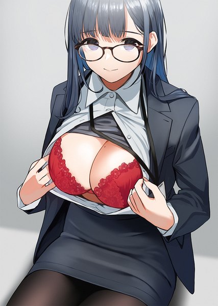 Anime picture 859x1208 with original doushimasho single long hair tall image looking at viewer fringe breasts light erotic smile large breasts sitting holding payot blue hair cleavage long sleeves fingernails black eyes mole
