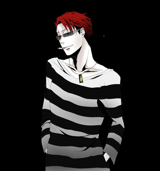 Anime picture 1500x1600 with durarara!! brains base (studio) akabayashi pizaya single tall image short hair red eyes red hair mouth hold black background hands in pockets smoking prisoner boy glasses pendant cigarette