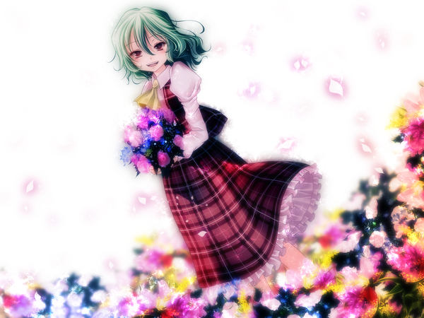 Anime picture 1600x1200 with touhou kazami yuuka s-syogo single looking at viewer short hair open mouth smile red eyes green hair girl dress flower (flowers) petals bouquet
