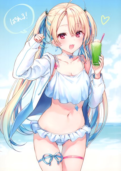 Anime picture 2431x3421 with virtual youtuber avatar 2.0 project minase shia komeshiro kasu single long hair tall image looking at viewer blush fringe highres open mouth light erotic blonde hair hair between eyes red eyes standing twintails holding blue hair