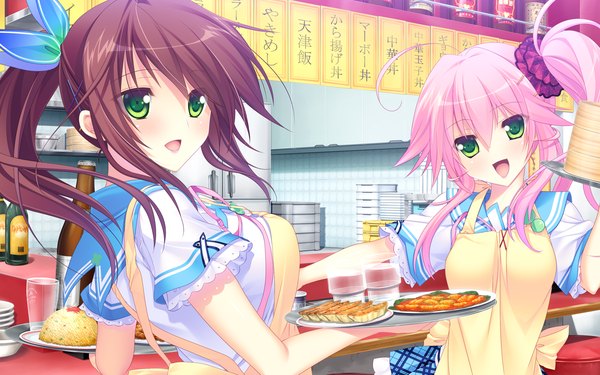 Anime picture 1280x800 with koisuru shimai no sextet makinose mayu makinose mai kumatora tatsumi long hair looking at viewer blush smile brown hair multiple girls green eyes pink hair game cg ponytail looking back turning head side ponytail spread arms girl skirt