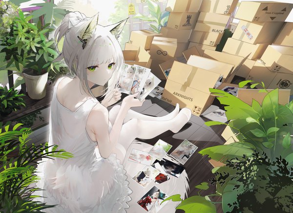 Anime picture 4400x3198 with arknights kal'tsit (arknights) omone hokoma agm single looking at viewer fringe highres short hair light erotic bare shoulders holding green eyes animal ears payot absurdres silver hair full body indoors blunt bangs from above