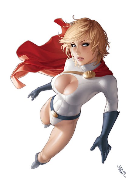 Anime picture 618x851 with dc comics power girl warrenlouw single tall image looking at viewer short hair breasts blue eyes light erotic simple background blonde hair large breasts white background cleavage lips mole mole under eye superhero girl