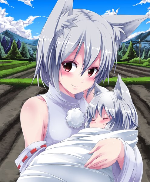 Anime picture 1238x1500 with touhou inubashiri momiji noa (nagareboshi) tall image looking at viewer blush short hair red eyes animal ears sky silver hair cloud (clouds) wolf ears wolf girl girl plant (plants) detached sleeves tree (trees) child (children) pom pom (clothes)