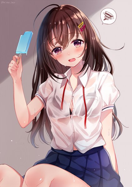 Anime picture 771x1091 with original sakura hiyori single long hair tall image looking at viewer blush fringe open mouth light erotic hair between eyes brown hair purple eyes holding signed ahoge pleated skirt short sleeves sweat twitter username