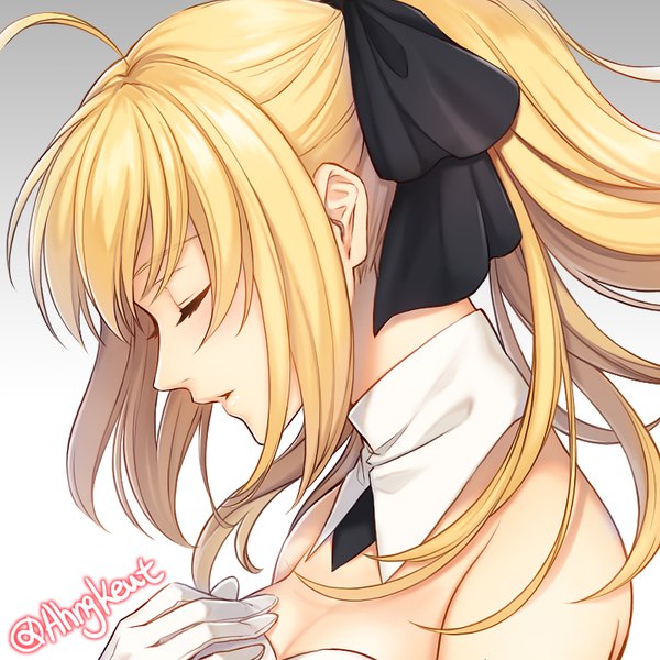 Anime picture 800x800 with fate (series) fate/unlimited codes artoria pendragon (all) saber lily ahngkeut single long hair fringe simple background blonde hair bare shoulders signed payot cleavage upper body ahoge ponytail eyes closed head tilt profile