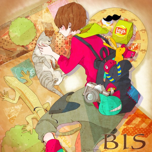 Anime picture 1500x1500 with nico nico singer bis (nico nico singer) single short hair brown hair brown eyes lying profile from behind inscription back reclining boy earrings animal hood cat toy stuffed animal backpack