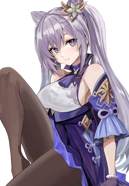 Anime picture 1668x2388 with genshin impact keqing (genshin impact) task baron single long hair tall image looking at viewer fringe breasts simple background hair between eyes white background sitting purple eyes twintails bare shoulders payot purple hair braid (braids) traditional clothes