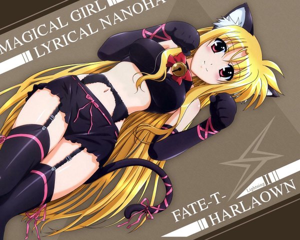 Anime picture 1280x1024 with mahou shoujo lyrical nanoha long hair looking at viewer light erotic blonde hair animal ears tail cat girl girl thighhighs gloves elbow gloves garter straps bell garter belt fate t harlaown