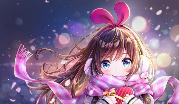 Anime picture 3112x1810 with virtual youtuber a.i. channel kizuna ai dana (hapong07) single long hair looking at viewer blush fringe highres blue eyes brown hair wide image holding upper body multicolored hair two-tone hair streaked hair floating hair lens flare