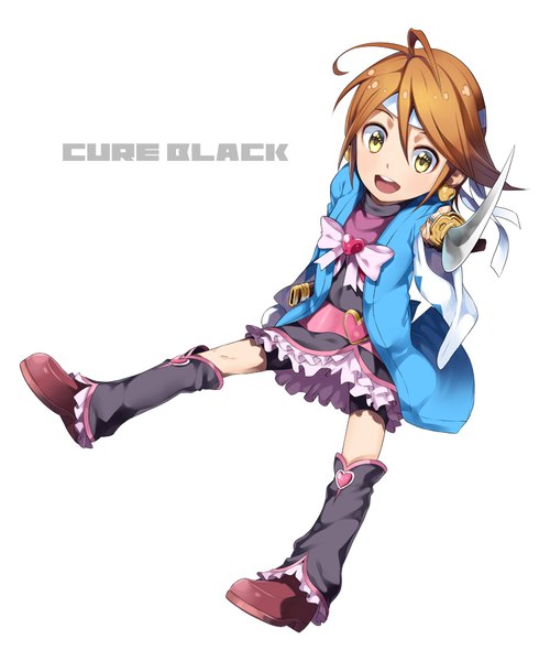 Anime picture 750x900 with precure futari wa pretty cure toei animation misumi nagisa cure black yuuzii single tall image looking at viewer short hair open mouth simple background brown hair white background yellow eyes ahoge traditional clothes :d japanese clothes character names