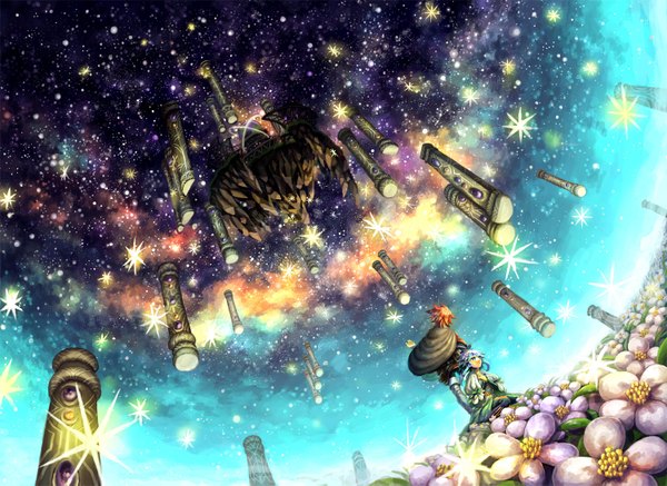 Anime picture 1500x1093 with original mura karuki 369minmin short hair blue hair sky red hair couple fantasy back to back girl boy flower (flowers) star (stars) pillar column flying castle