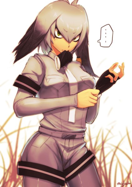 Anime picture 1748x2480 with kemono friends shoebill (kemono friends) kura single tall image looking at viewer fringe highres simple background hair between eyes standing white background holding green eyes signed multicolored hair mouth hold head wings adjusting gloves glove in mouth