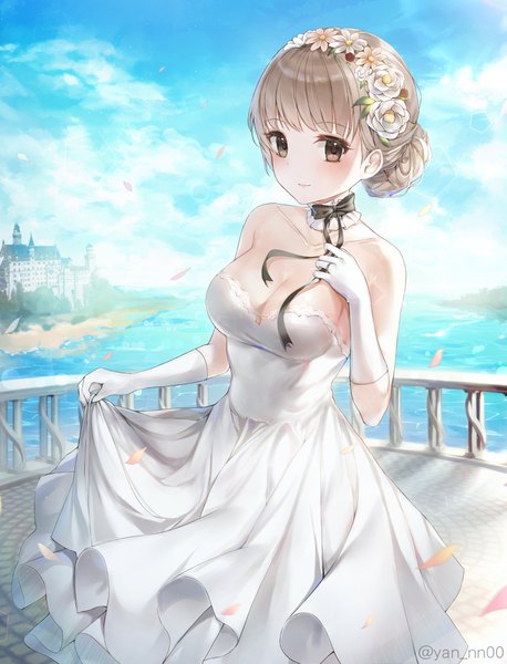 Anime picture 3128x4096 with original meliyannn single tall image looking at viewer blush fringe highres short hair breasts light erotic brown hair large breasts bare shoulders brown eyes signed absurdres sky cleavage cloud (clouds)