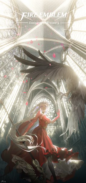 Anime picture 1000x2112 with fire emblem fire emblem: three houses nintendo edelgard von hresvelg minty0 single long hair tall image looking at viewer standing purple eyes holding signed white hair from below copyright name character names alternate hairstyle architecture girl