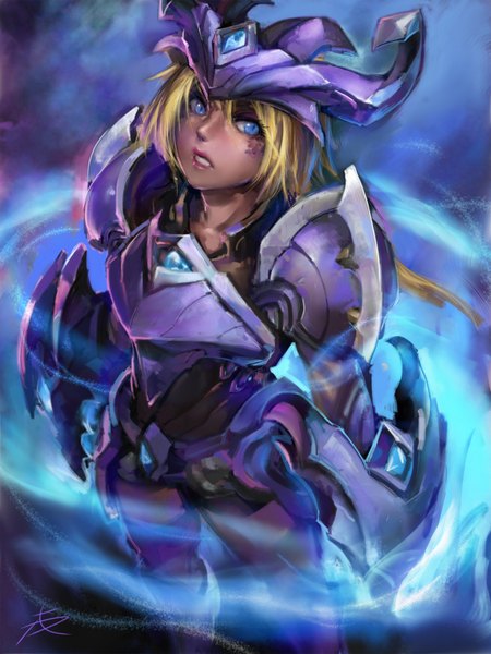 Anime picture 1200x1600 with league of legends shyvana (league of legends) phantom (ptcrow) single long hair tall image blue eyes blonde hair signed looking away lips girl armor helmet spaulder (spaulders)