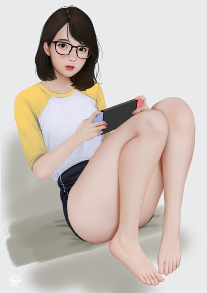 Anime picture 2480x3508 with nintendo real life ditta amelia saraswati jubi (regiana) single tall image looking at viewer blush highres short hair light erotic simple background brown hair sitting brown eyes bent knee (knees) parted lips barefoot realistic grey background