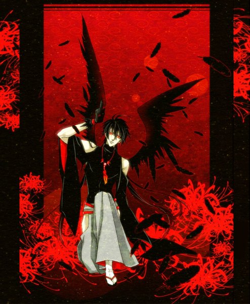 Anime picture 1000x1214 with original uehara (artist) single long hair tall image looking at viewer black hair red eyes bare shoulders long sleeves traditional clothes kneeling monochrome black wings pointing boy gloves flower (flowers) detached sleeves wings