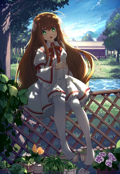 Anime picture 1240x1793 with rewrite kanbe kotori baisi shaonian single long hair tall image fringe open mouth brown hair sitting green eyes sky cloud (clouds) braid (braids) long sleeves hair flower sunlight wide sleeves no shoes twin braids