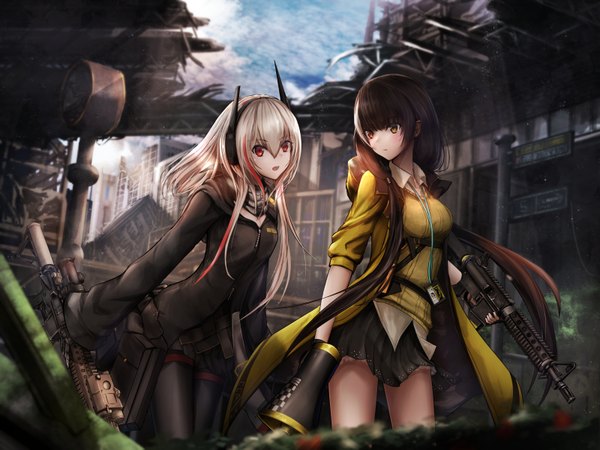 Anime picture 1600x1200 with girls frontline m4 sopmod ii (girls frontline) ro635 (girls frontline) shumeia long hair looking at viewer fringe open mouth black hair hair between eyes red eyes standing twintails multiple girls holding sky silver hair cloud (clouds) outdoors blunt bangs