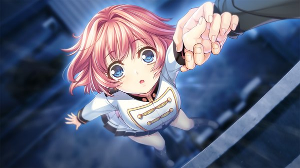 Аниме картинка 1280x720 с gun knight girl munakata mashiro sumeragi kohaku короткие волосы голубые глаза широкое изображение розовые волосы game cg девушка форма военная форма