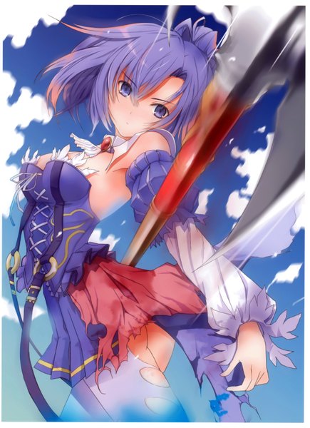 Anime picture 4455x6135 with original fuyuno haruaki single tall image highres short hair purple eyes absurdres purple hair cloud (clouds) scan girl dress weapon detached sleeves