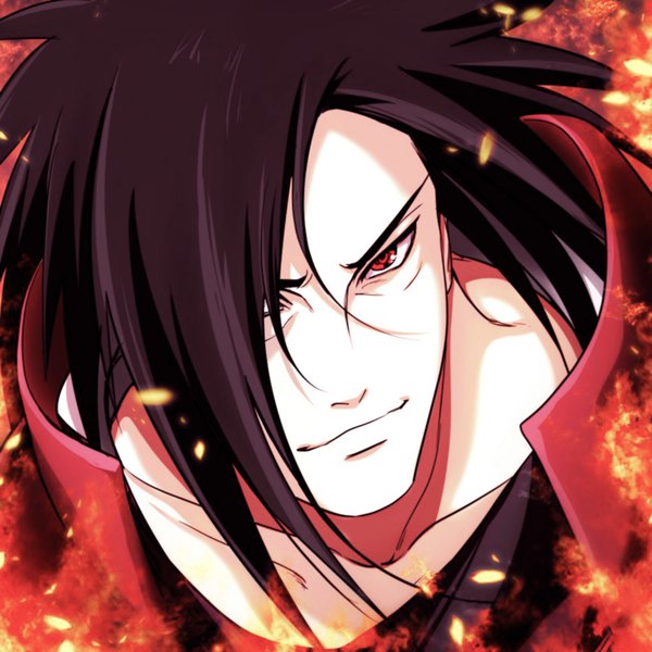 Anime picture 1000x1000 with naruto studio pierrot naruto (series) uchiha madara god66666666 single long hair looking at viewer fringe black hair red eyes light smile hair over one eye portrait spiked hair sharingan boy armor fire flame