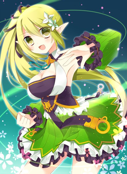 Anime picture 1200x1636 with elsword hoshi (snacherubi) single long hair tall image blush open mouth light erotic green eyes ponytail green hair pointy ears side ponytail girl dress ribbon (ribbons) hair ribbon detached sleeves