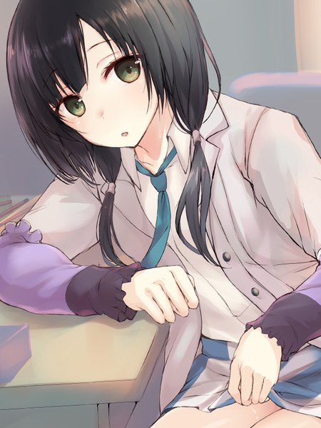 Anime picture 1200x1600 with shirobako p.a. works yasuhara ema tsuzuri (itosousou) single long hair tall image looking at viewer open mouth black hair twintails green eyes low twintails skirt lift girl skirt shirt necktie white shirt