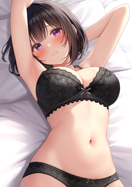 Anime picture 2508x3541 with original inoue yurina karutamo single tall image looking at viewer blush fringe highres short hair breasts light erotic black hair large breasts purple eyes lying blunt bangs head tilt from above arms up