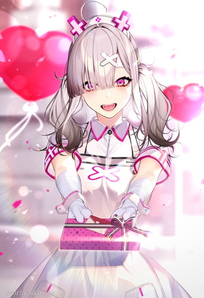 Anime picture 686x1000 with virtual youtuber nijisanji sukoya kana kayahara (kayaka) single long hair tall image looking at viewer fringe open mouth purple eyes twintails ahoge :d grey hair hair over one eye mole mole under eye outstretched hand valentine