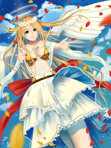 Anime picture 771x1029 with original kurei mamoru single long hair tall image looking at viewer breasts blue eyes blonde hair cloud (clouds) girl dress petals wings halo