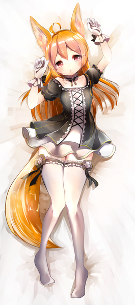 Anime picture 1059x2392 with tera online elin (tera) negima purinn single long hair tall image looking at viewer fringe red eyes animal ears tail lying parted lips animal tail orange hair no shoes fox ears fox tail fox girl girl