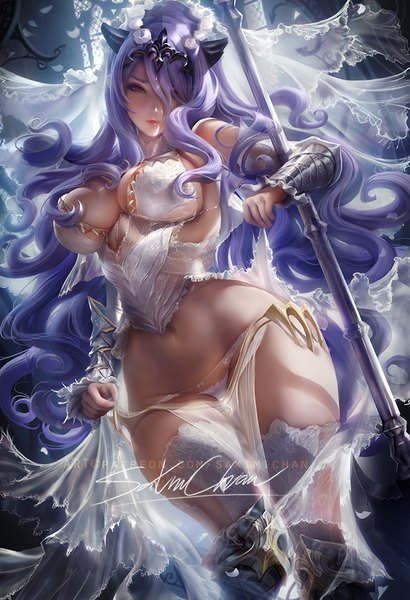 Anime-Bild 684x1000 mit fire emblem fire emblem fates nintendo camilla (fire emblem) sakimichan single long hair tall image looking at viewer fringe breasts light erotic red eyes large breasts standing signed cleavage purple hair indoors parted lips