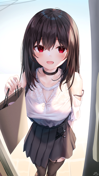 Anime-Bild 1152x2048 mit original yandere-chan (ramchi) ramchi single long hair tall image looking at viewer blush fringe breasts open mouth black hair smile hair between eyes red eyes large breasts standing holding signed :d